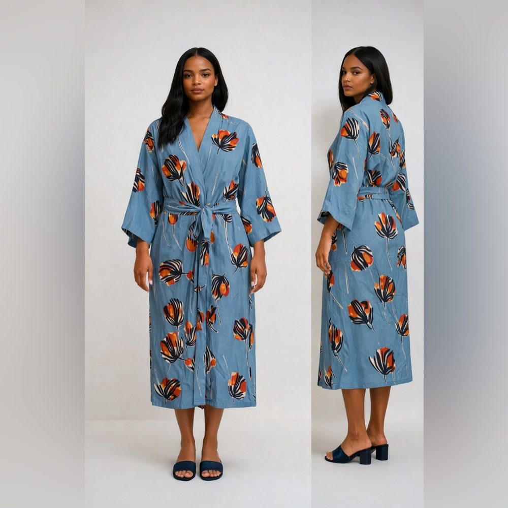 Bel Kazan Anthropologie Gia Floral Kimono Robe - Blue and Orange